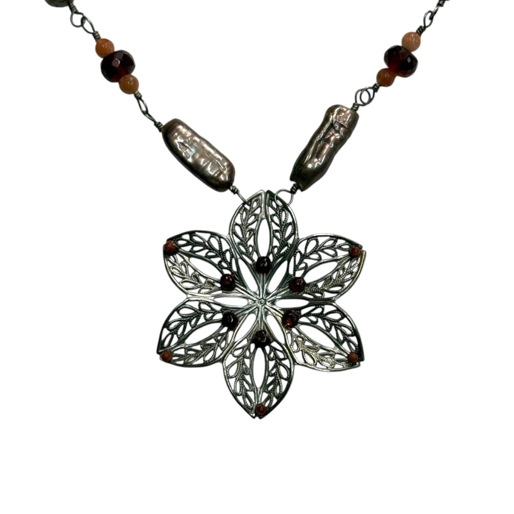 Vintage Orly Baruch Filigree Flower Necklace Freshwater Pearls